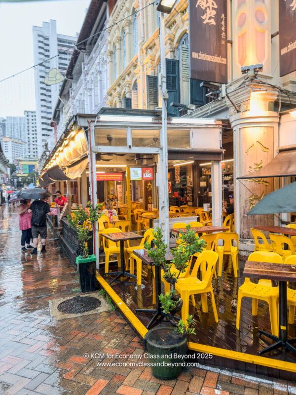 a sidewalk with tables and chairs in the rain