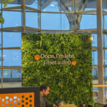 a man sitting at a table in front of a green wall