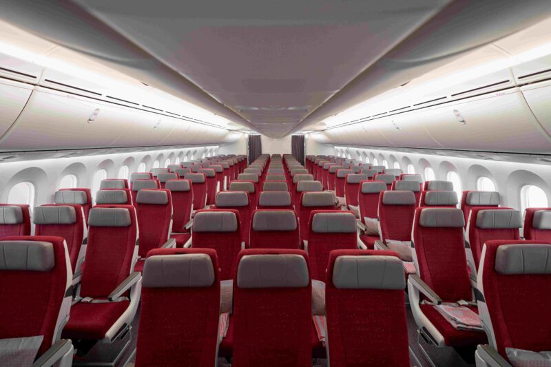 a plane with red seats