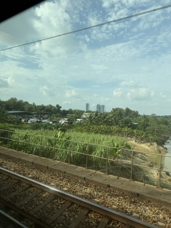 train tracks with trees and a river in the background