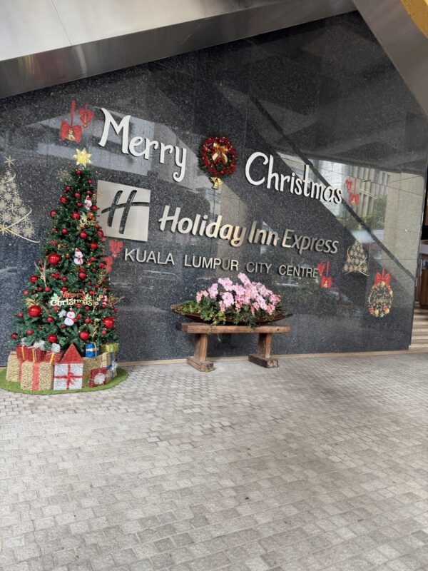 a christmas tree and flowers outside of a building