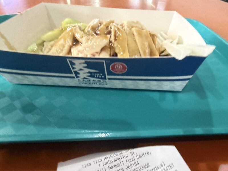 a blue tray with food in it