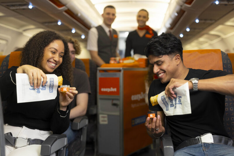 EasyJet serving free sausage rolls and limited-edition ‘Destination Dips’ on the plane as the airline and tour operator team up with Greggs to celebrate the launch of its new Newcastle base. Issue date: Monday March 23, 2026. PA Photo. The partnership introduces five sausage roll dipping sauces inspired by new easyJet holidays destinations including Sangria, Affogato, Harissa Ketchup, Tarte Tatin, and Kebab, offered across all international easyJet flights from Newcastle Airport today and across the city. Image, Easyjet David Parry/PA Media Assignments