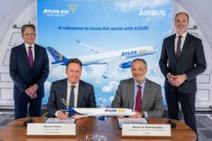 Michael Steen, Chief Executive Officer, Atlas Air Worldwide and Benoit de Saint- Exupéry, Executive Vice President Sales, Commercial Aircraft, Airbus at the March 16 signing ceremony at Airbus in Toulouse, France - Image, Airbus/Atas Air