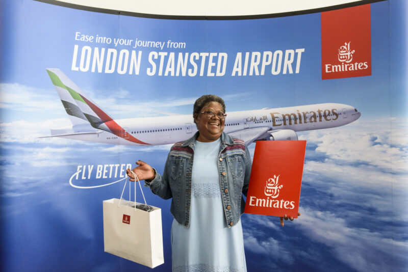 2 millionth passenger Jeanne Foster with her Emirates gifts - Image, Richard Eaton for Emirates