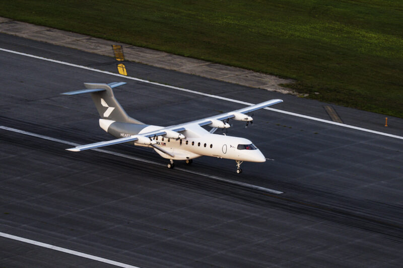 Heart Aerospace’s X1 demonstrator aircraft touches down at Plattsburgh International Airport in New York at the conclusion of its first flight in August 2026.